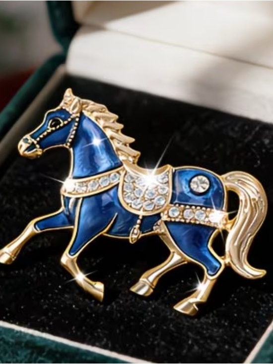 None Jewelry - EQUESTRIAN Blue Enamel Horse Brooch with Gold Accents